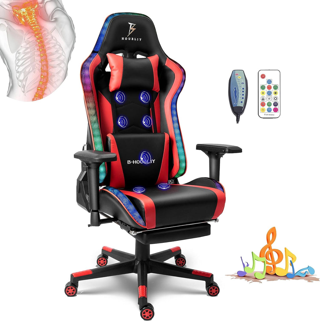 Ergonomic Massage Gaming Chair, Racing Gaming Chair with Speakers and RGB Lights, Comfortable Computer Recliner with Footrest and Adjustable Lumbar Support,Gaming Chair for Adults.,Red