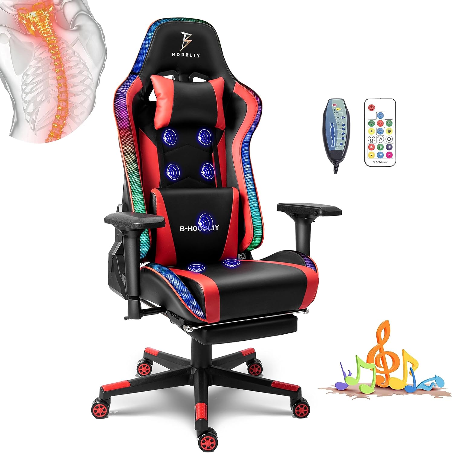 Ergonomic Massage Gaming Chair, Racing Gaming Chair with Speakers and RGB Lights, Comfortable Computer Recliner with Footrest and Adjustable Lumbar Support,Gaming Chair for Adults.,Red