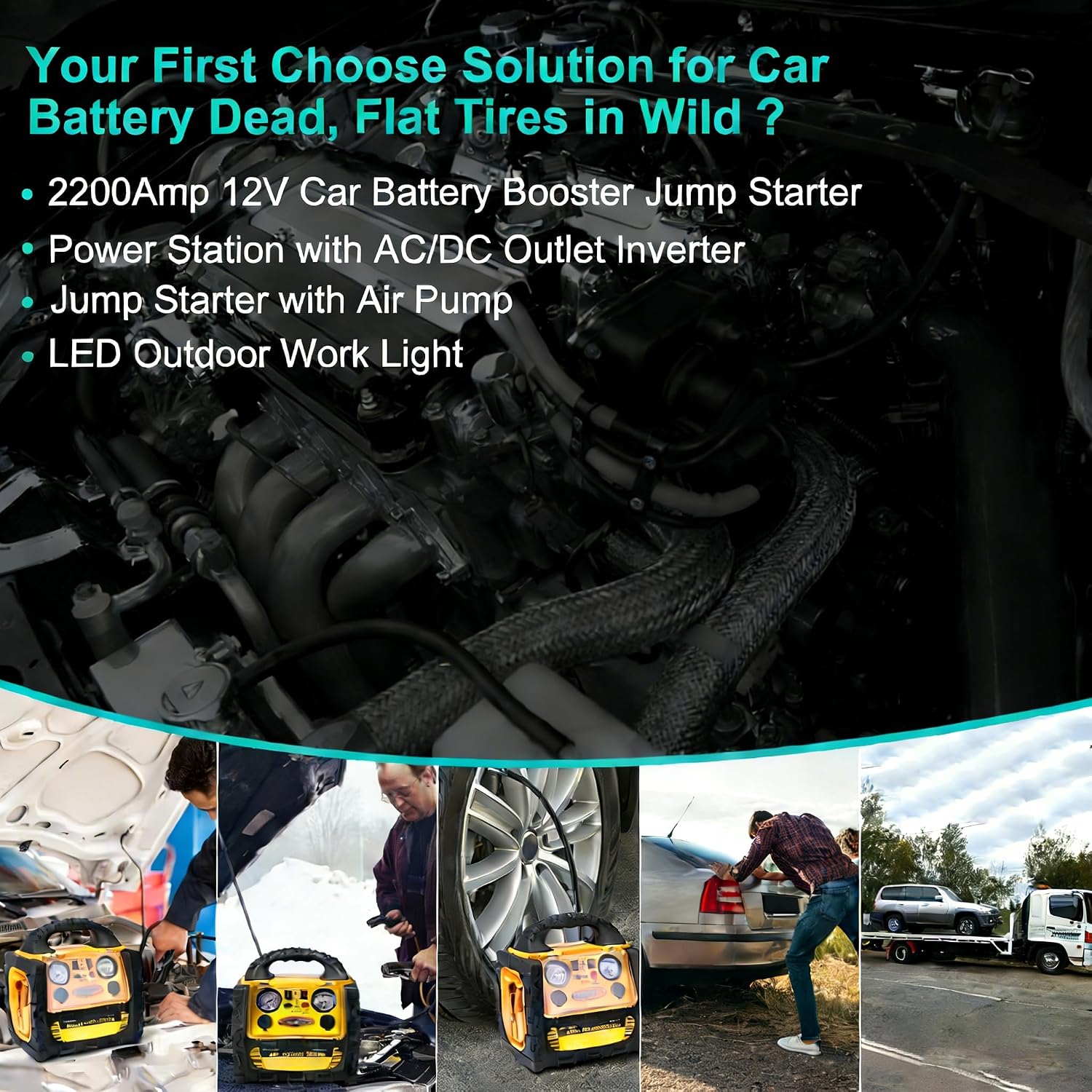 2200A Car Jump Starter with Air Compressor 150PSI,12V Portable Battery Jump Box (8.5L Gas/8L Diesel), Battery Booster with 400W Power Station AC/DC/USB