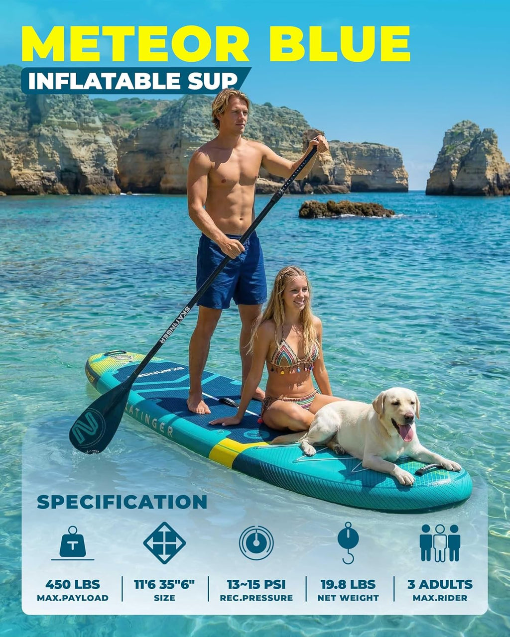 Skatinger 11'6×35' Super Wide Inflatable Paddle Board, Ultra Stable Stand Up Paddleboards for 450lb/3 People/Family/Big Size w/Shoulder Strap, 100L Backpack, Ultra-Light All-Round Sup Board