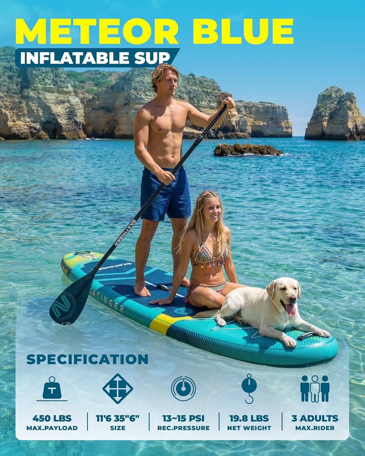 Skatinger 11'6×35' Super Wide Inflatable Paddle Board, Ultra Stable Stand Up Paddleboards for 450lb/3 People/Family/Big Size w/Shoulder Strap, 100L Backpack, Ultra-Light All-Round Sup Board
