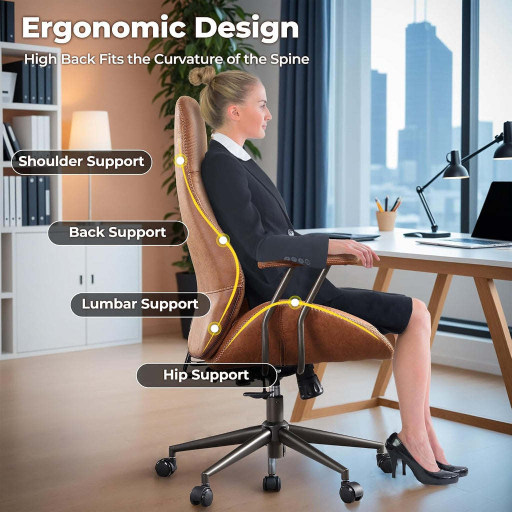 ovios Ergonomic Office Chair, High Back Faux Leather Executive Chairs with Armrests, Comfy Mid-Century Modern Swivel Rolling Computer Armchair (Brown, Suede Leather)