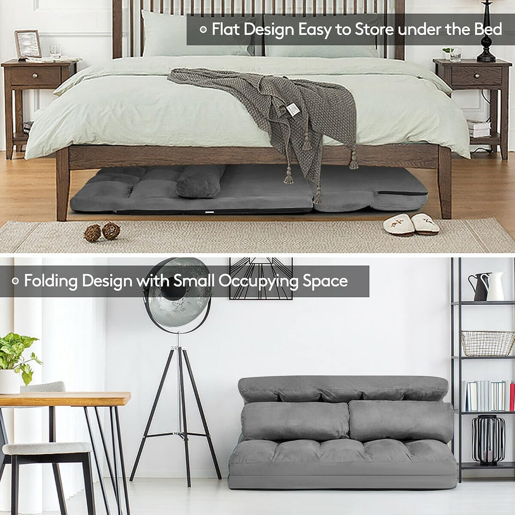 DORTALA Foldable Floor Sofa, 6-Position Adjustable Lounge Couch with 2 Pillows & Suede Cloth Cover, Modern Lounge Mattress Video Gaming Lazy Couch, Floor Seating Sofa, 71' x 44.5', Grey