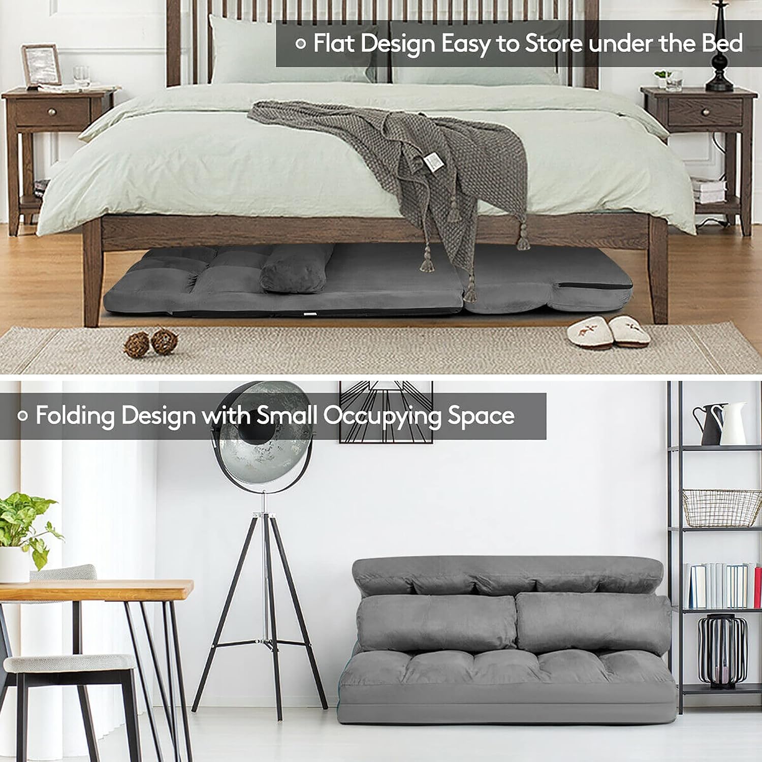 DORTALA Foldable Floor Sofa, 6-Position Adjustable Lounge Couch with 2 Pillows & Suede Cloth Cover, Modern Lounge Mattress Video Gaming Lazy Couch, Floor Seating Sofa, 71' x 44.5', Grey