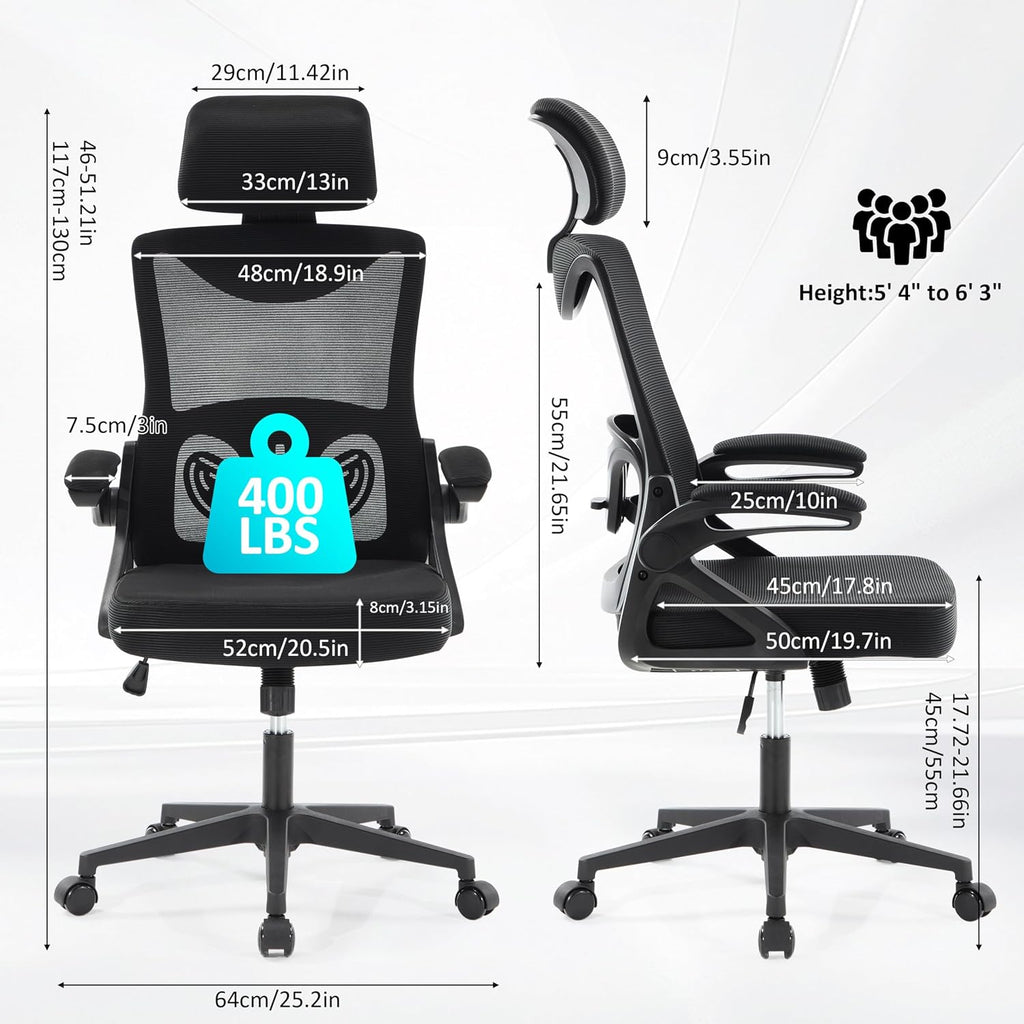 Fizzin Ergonomic Office Chair,Ergonomic Desk Chair with Headrest Mesh Computer Chair with High Back Adjustable Lumbar Support, Rolling Swivel Chairs with Wheel Armrests for Home Office,Black