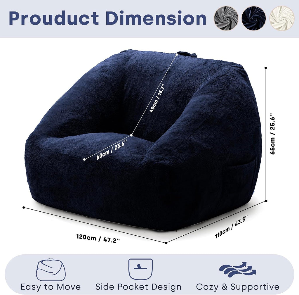 SUNBURY 47.2' L-Shaped Bean Bag Chair with Arms, Memory Foam Filled Lazy Sofa with Portable Handle & Side Pocket, Plush Floor Chair for Adults, Game Room, Bedroom, Living Room (Blue)