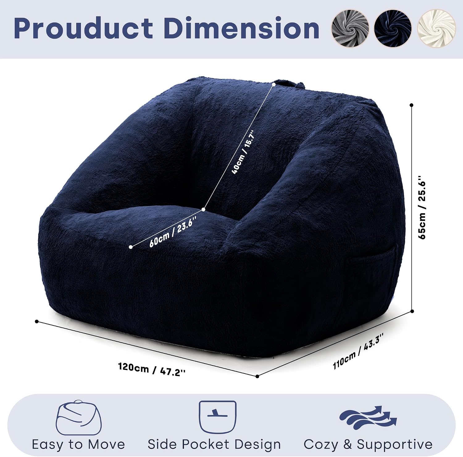 SUNBURY 47.2' L-Shaped Bean Bag Chair with Arms, Memory Foam Filled Lazy Sofa with Portable Handle & Side Pocket, Plush Floor Chair for Adults, Game Room, Bedroom, Living Room (Blue)