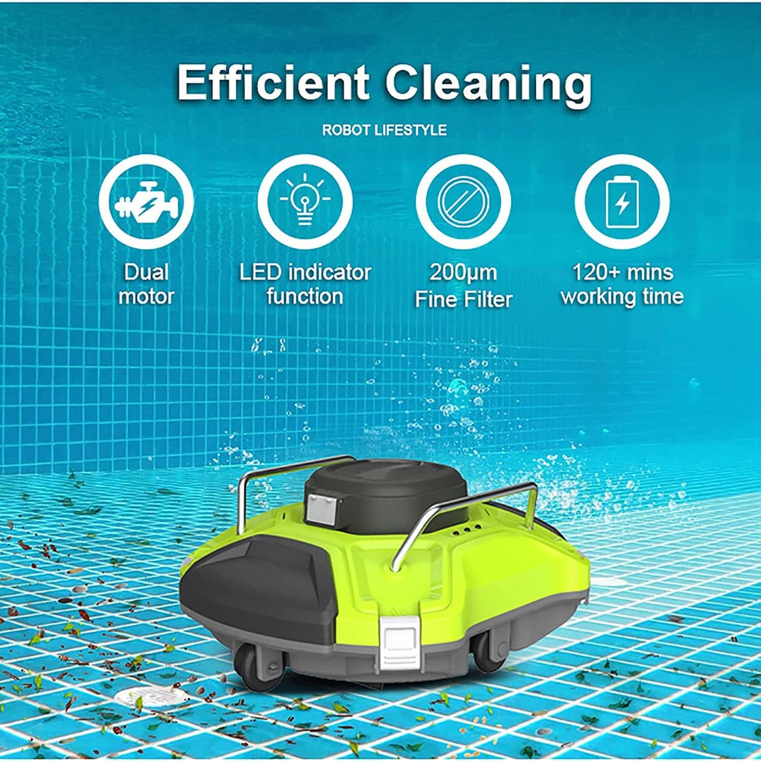 Underwater Automatic Pool Vacuum Cleaner, Wall Climbing Pool Cleaning Robot Powerful Suction Rechargeable Battery Built-in Water Sensor Technology,for All Types of In-Ground Swimming Pool