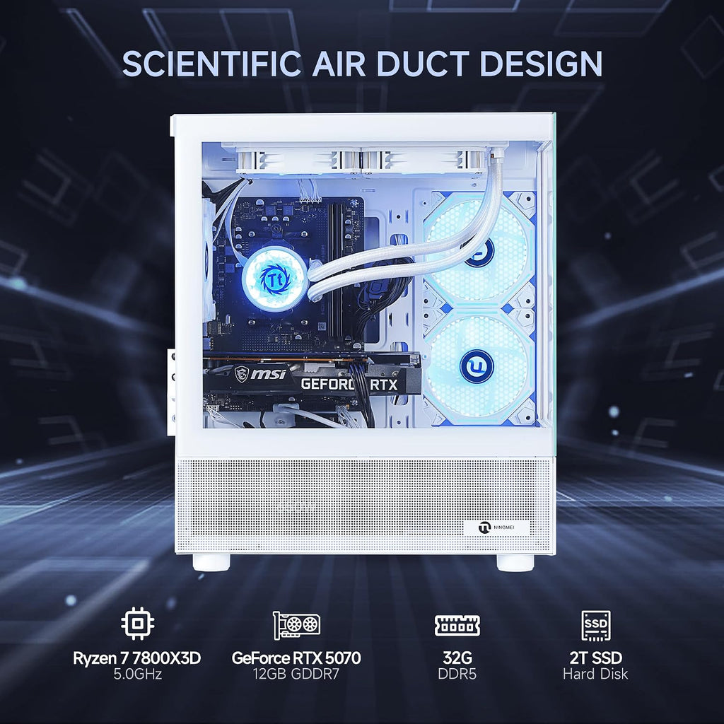 NINGMEI Gaming PC Desktop, AMD Ryzen 7 7800X3D 8 core 4.2GHz(up to 5.0GHz), GeForce RTX 5070 12GB, 32GB DDR5 RAM 6000MHz, 2TB NVME SSD, 750W PSU, Windows 11 Home 64-bit, White