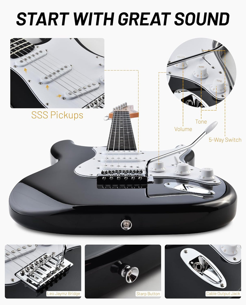 Leo Jaymz Beginner Electric Guitar Complete Kit with Portable Amp, Padded Gig Bag & Full Accessories, Maple Neck SSS Pickups(Black)