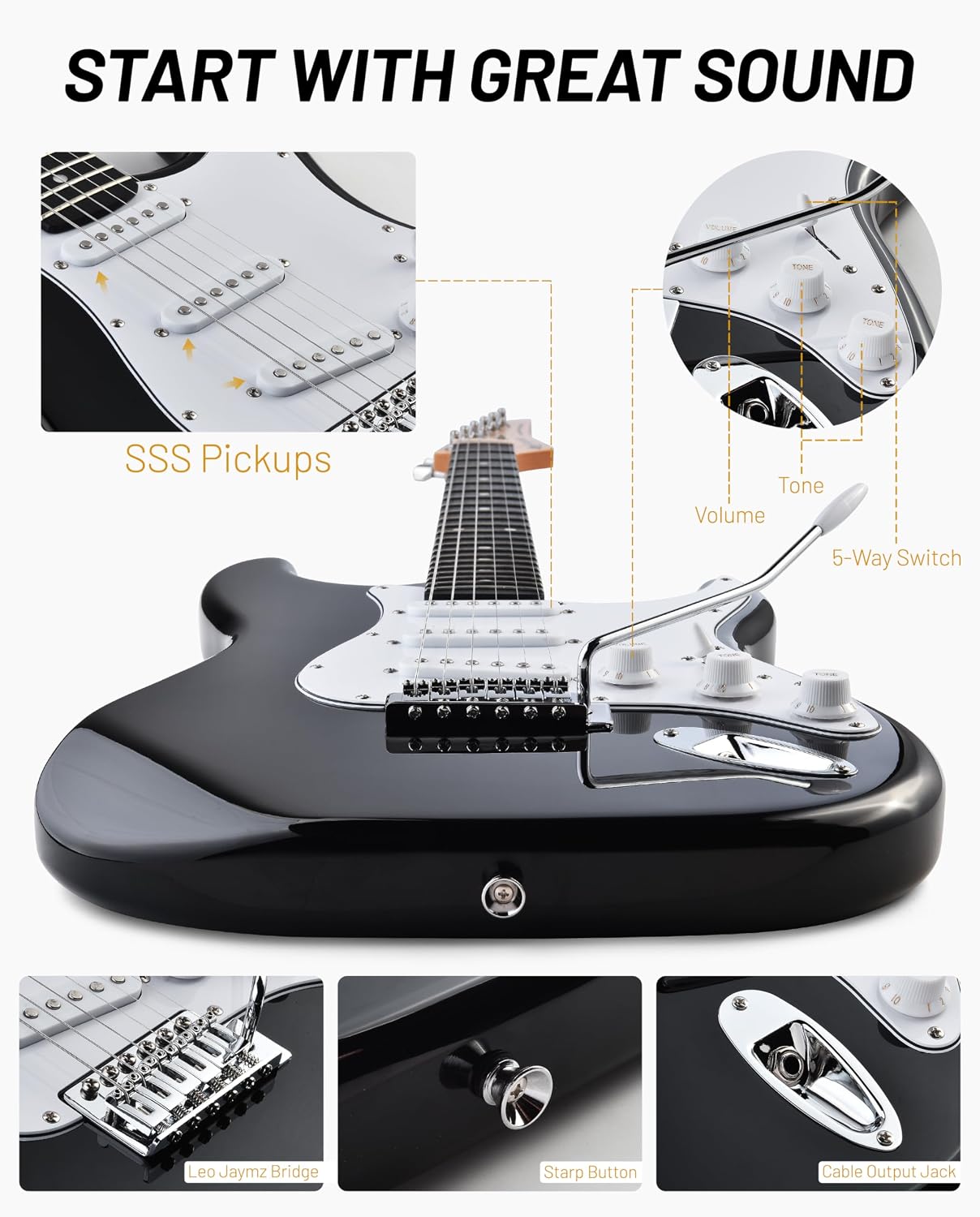 Leo Jaymz Beginner Electric Guitar Complete Kit with Portable Amp, Padded Gig Bag & Full Accessories, Maple Neck SSS Pickups(Black)
