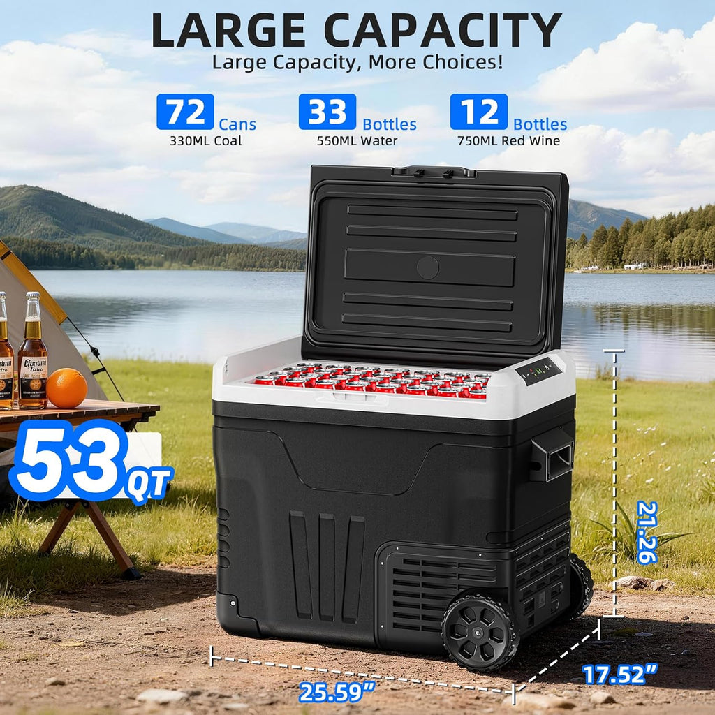 Antarctic Star 12 Volt Refrigerator 53QT(50L) Compressor Electric Cooler, Car Fridge -4℉~68℉, Portable Freezer 12V/24V DC 100-240V AC, 12V Cooler with Wheels & Handle for Travel,Camping,Truck, Black