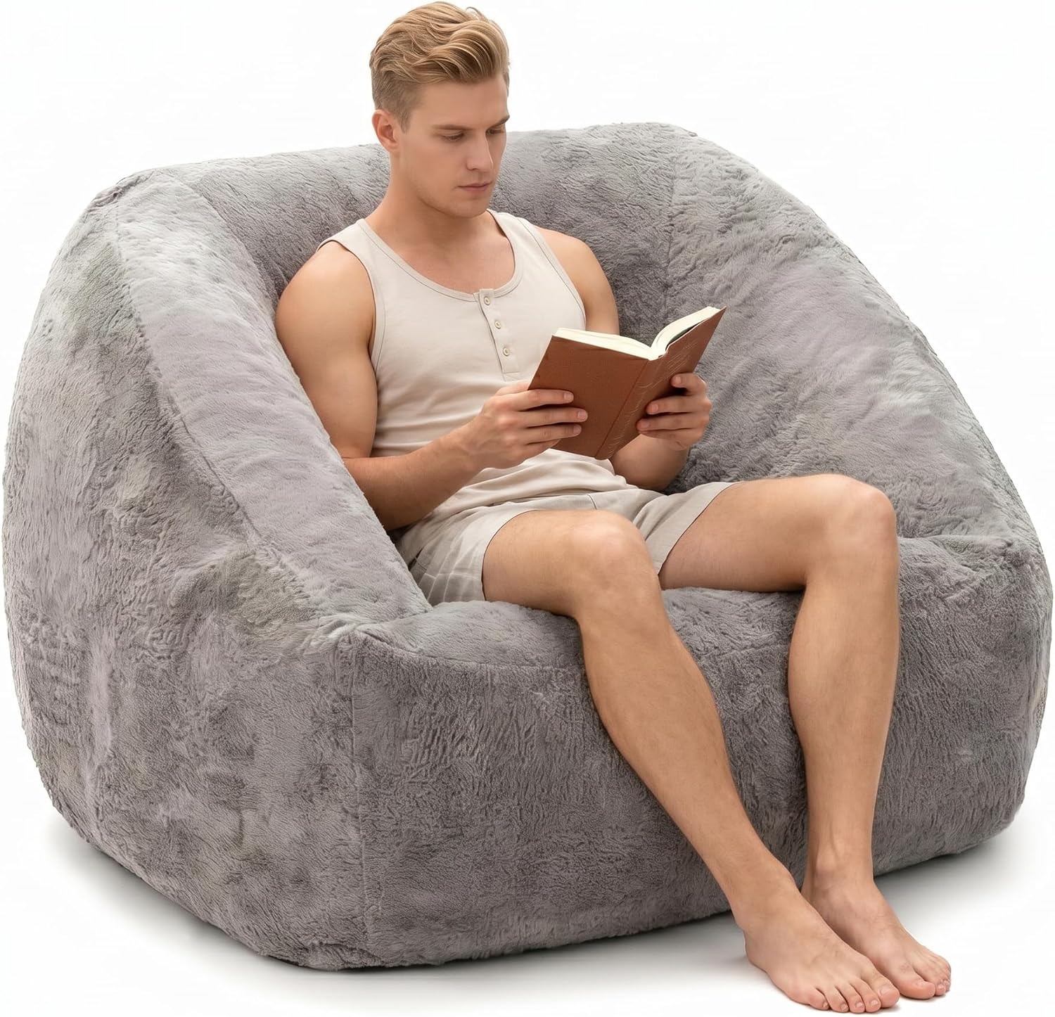 SUNBURY 47' L-Shaped Bean Bag Chair with Armrests, Ergonomic Memory Foam Floor Lounger, Cozy Gamer Chair with Side Pocket & Carry Handle, Washable Faux Fur Cover for Living Room & Dorm, Grey
