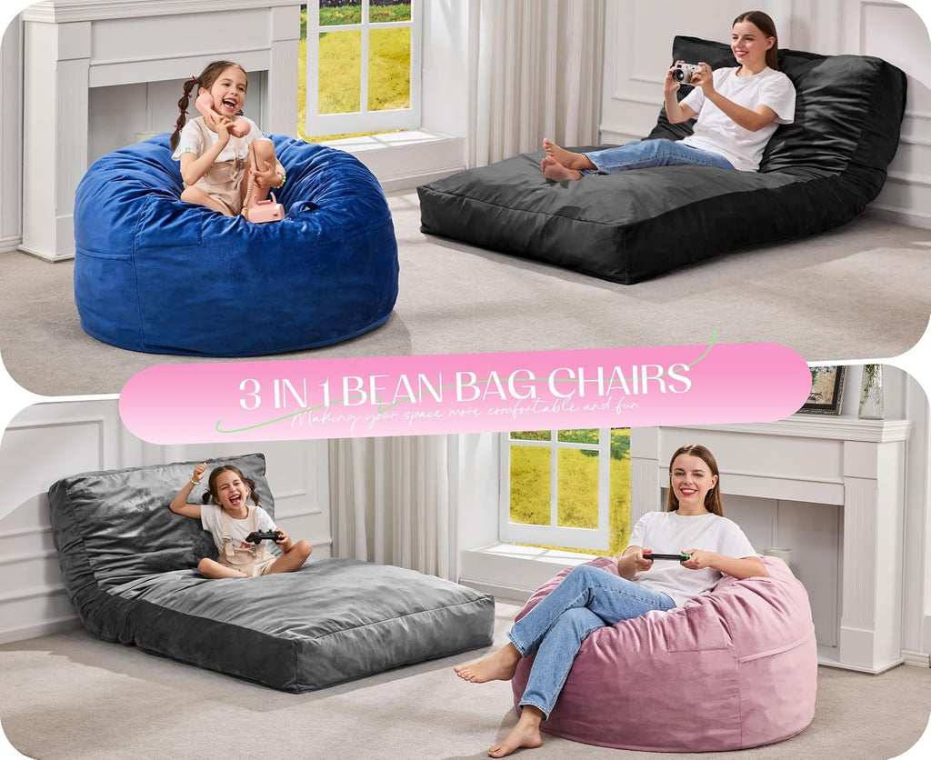 Hobestluk Giant Bean Bag Chair Bed for Adults, Large Bean Bags with High-Density Foam Filling, Convertible Big Sofa Bed Couch for Living Room, Bedroom, Playroom (Black, Twin)