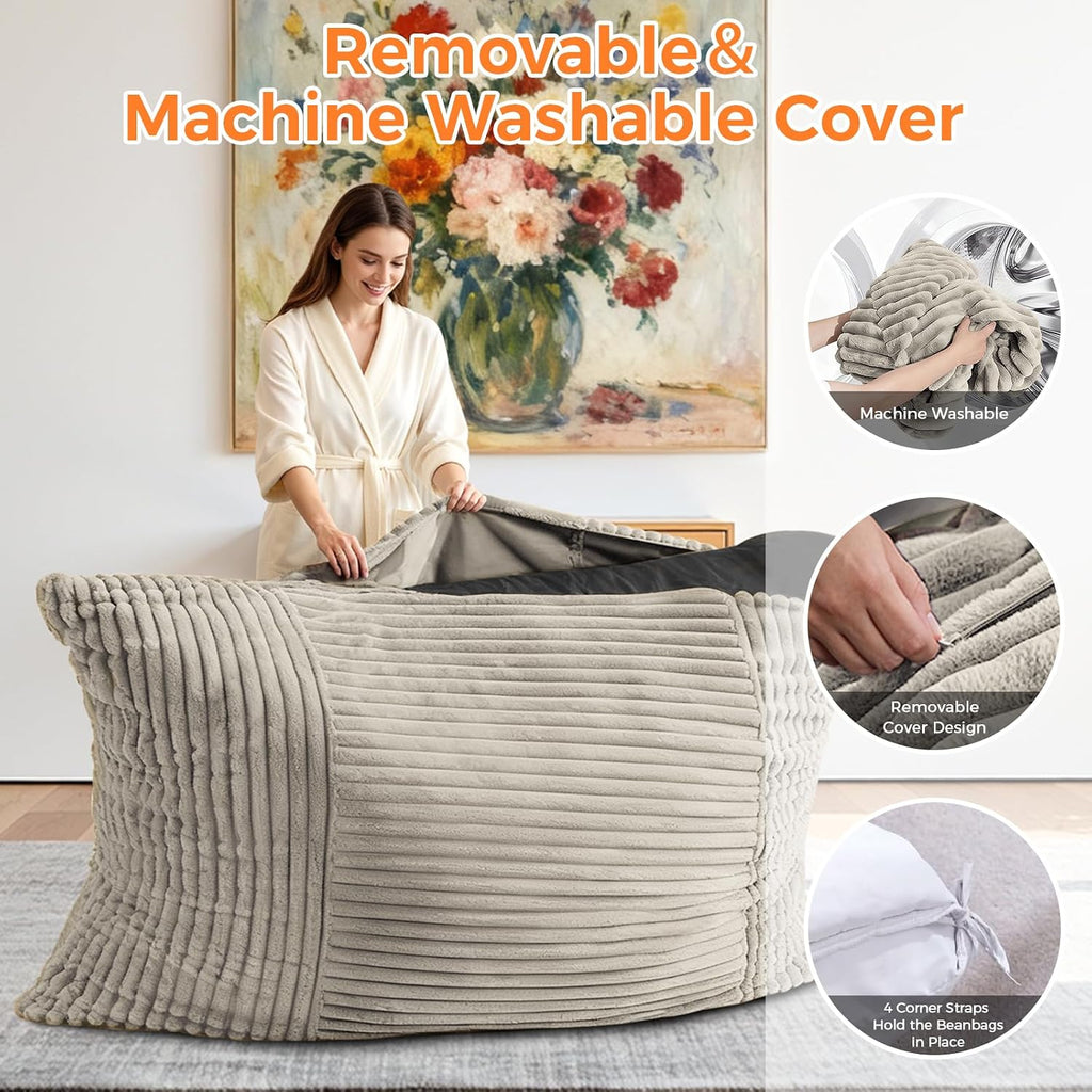 3 in 1 Giant Bean Bag Chair, Convertible Bean Bag Bed for Adults and Kids, Oversized Comfy Memory Foam Floor Sofa with Machine Washable Cover for Living Room, Bedroom & Dorm(Taupe)