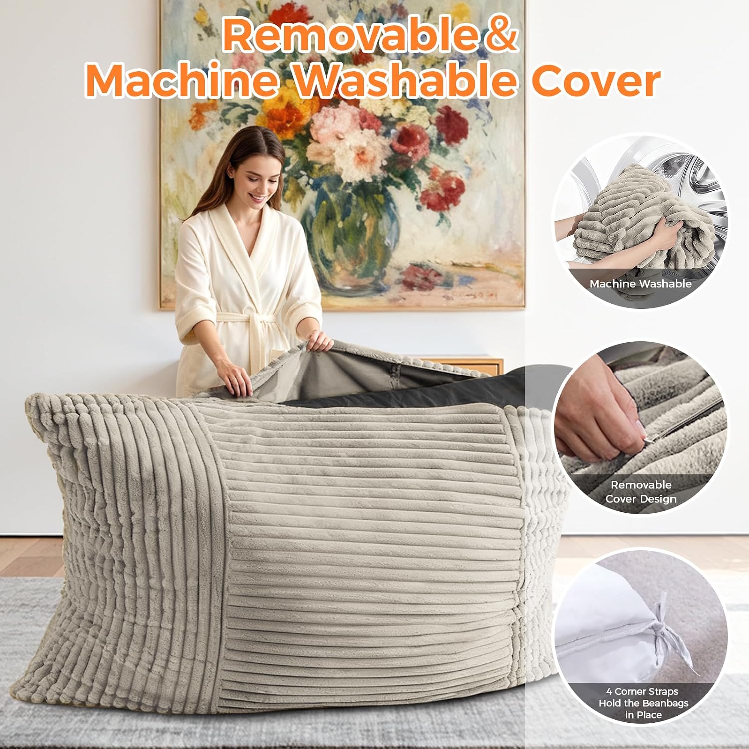 3 in 1 Giant Bean Bag Chair, Convertible Bean Bag Bed for Adults and Kids, Oversized Comfy Memory Foam Floor Sofa with Machine Washable Cover for Living Room, Bedroom & Dorm(Taupe)
