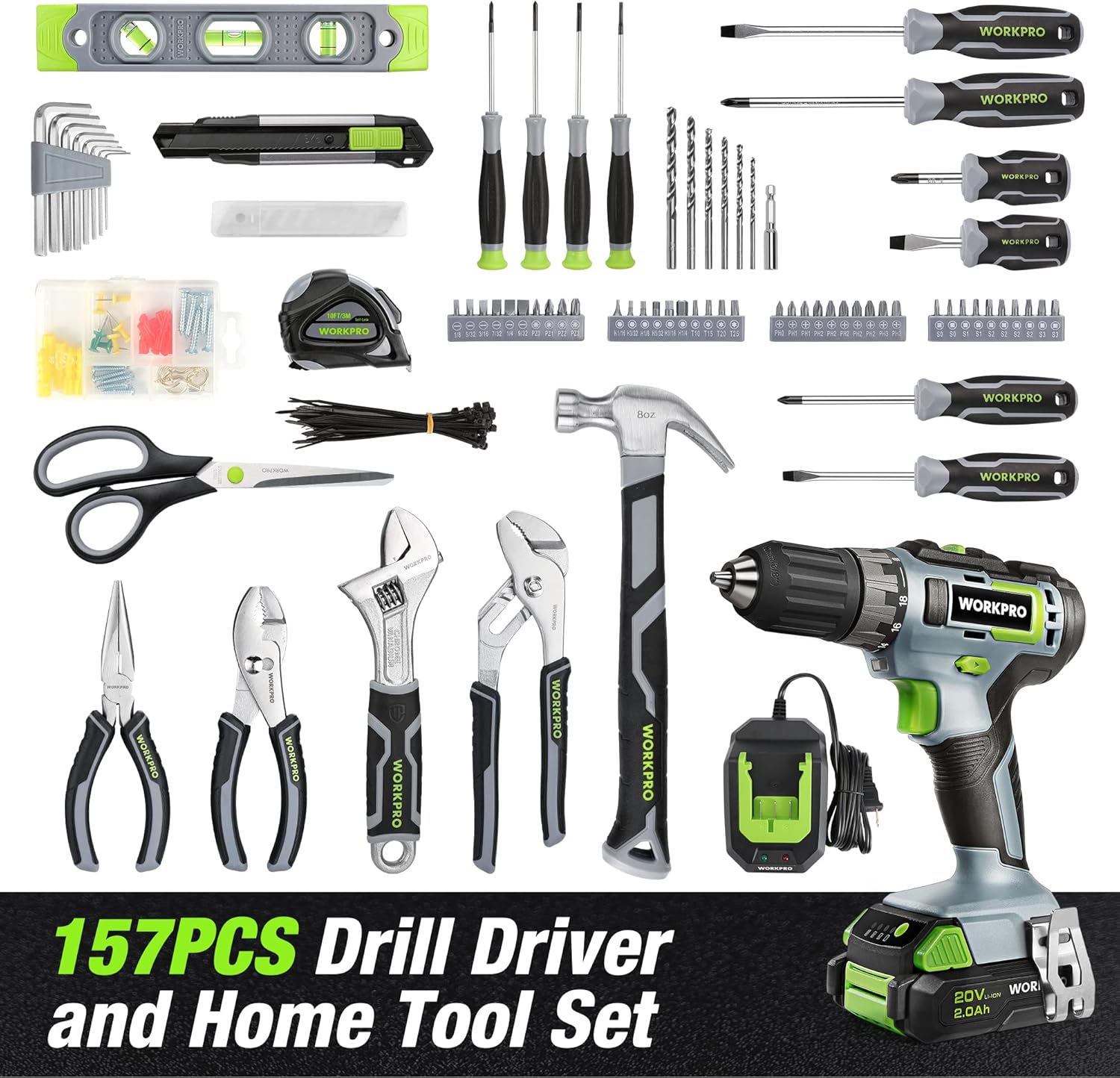 WORKPRO Home Tool Set with 20V Cordless Lithium-Ion Drill Driver, Household Repairing Tool Kit with Drill, 157PCS Power Drill Sets, 14-Inch Wide Mouth Storage Tool Bag, Green