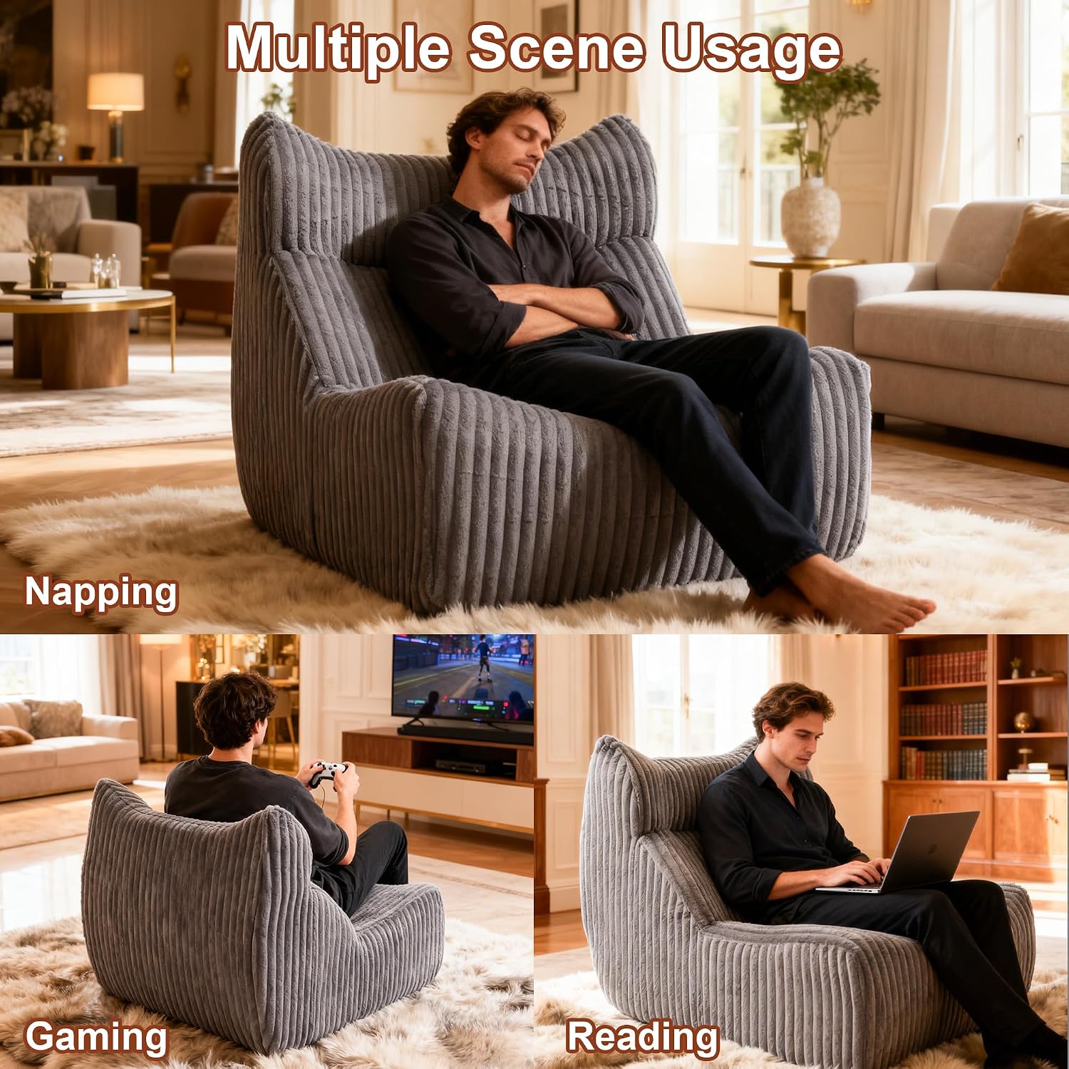 Bean Bag Chairs for Adults, Giant Bean Bag Chair, Memory Foam Lounge Chair, Comfy Lazy Floor Chair, Bean Bag Sofa for Living Room, Bedroom and Office, Single Bean Bag (Grey)