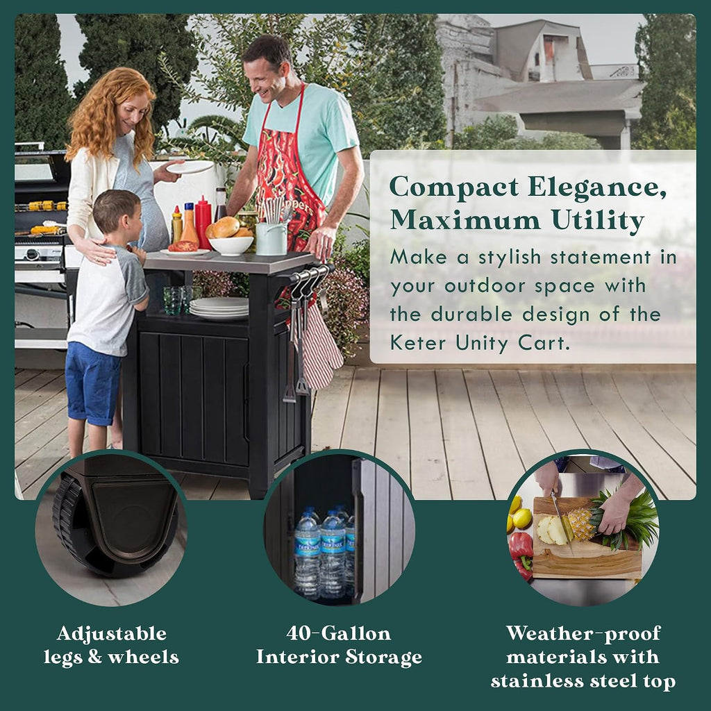 Keter Unity 40 Gallon Stainless Steel Top Grilling Bar Cart with Borneo 110 Gallon Plastic Outdoor Furniture Storage Deck Box, Brown