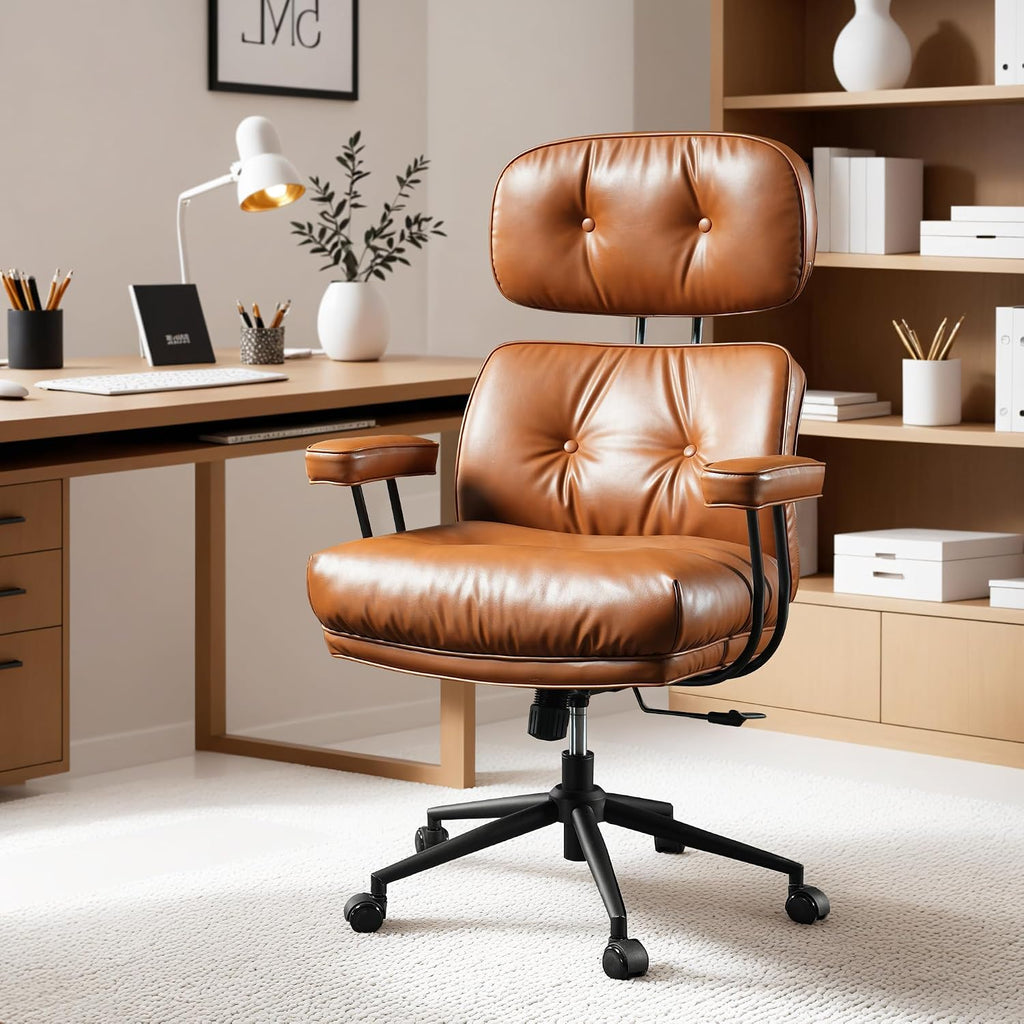 ovios Ergonomic Office Chair, High Back Faux Leather Executive Chairs with Thick Cushion, Comfy Mid-Century Modern Swivel Rolling Computer Armchair (Brown, PU Leather)