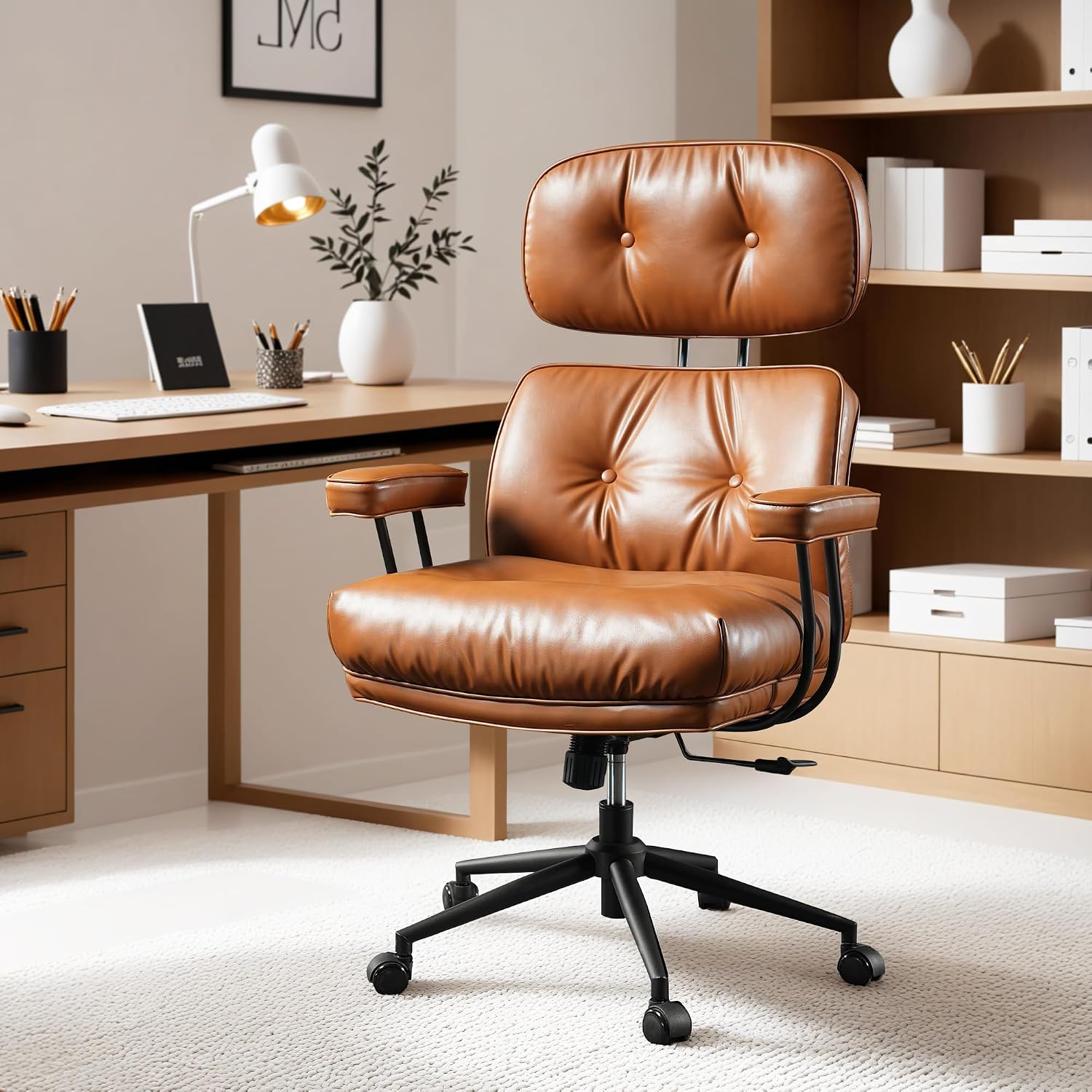 ovios Ergonomic Office Chair, High Back Faux Leather Executive Chairs with Thick Cushion, Comfy Mid-Century Modern Swivel Rolling Computer Armchair (Brown, PU Leather)