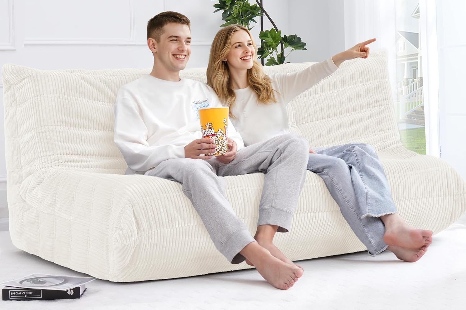 Bean Bag Chair,Giant Beanbag Chairs for Adults,Comfy Large Fireside Chair Lazy Sofa,Corduroy Bean Bag Lounger with Memory Foam Filled,Floor Sofa Couch for Home,Living Room (Beige, 3-Seater)