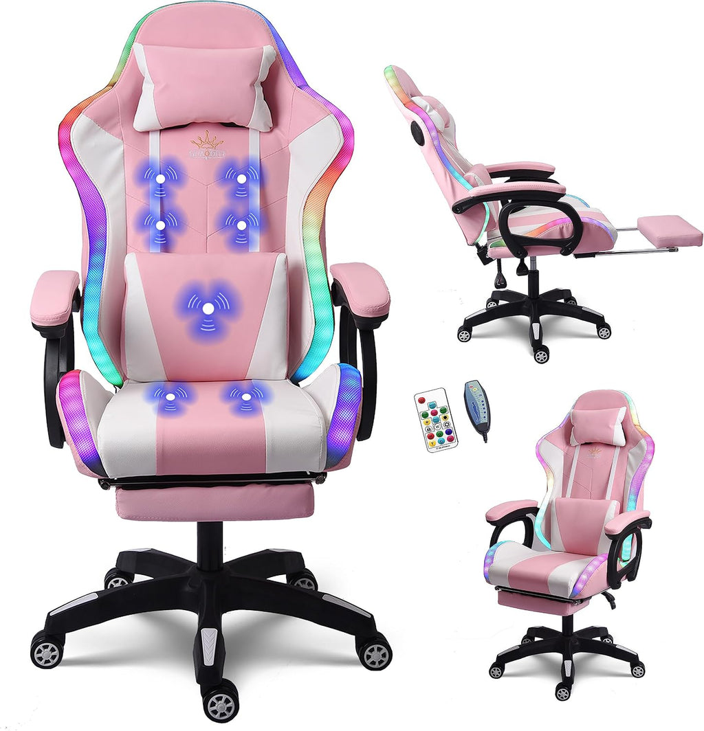 Massage Gaming Chair with Speakers, Reclining Computer Chair with Headrest and Lumbar Support,Ergonomic Gaming Chair with Footrest and Led Lights, Video Game Chair for Adults Kids.,Pink