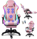 Massage Gaming Chair with Speakers, Reclining Computer Chair with Headrest and Lumbar Support,Ergonomic Gaming Chair with Footrest and Led Lights, Video Game Chair for Adults Kids.,Pink