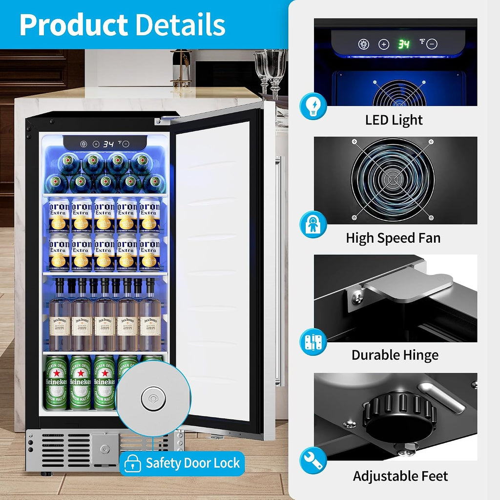 Feelfunn 15 Inch Under Counter Beverage Refrigerator - 126 Cans Beverage Fridge with Stainless Steel Door for Beer Wine Soda - Built-in or Freestanding Wine Cooler for Home Kitchen Bar
