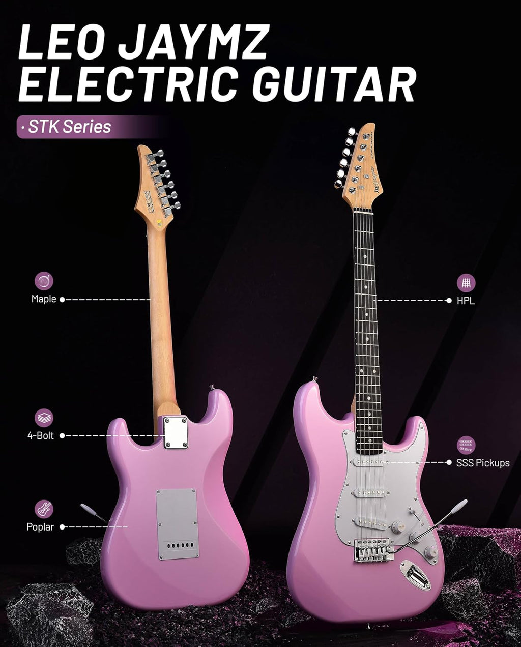Leo Jaymz Beginner Electric Guitar Complete Kit with Portable Amp, Padded Gig Bag & Full Accessories, Maple Neck SSS Pickups (Pink)