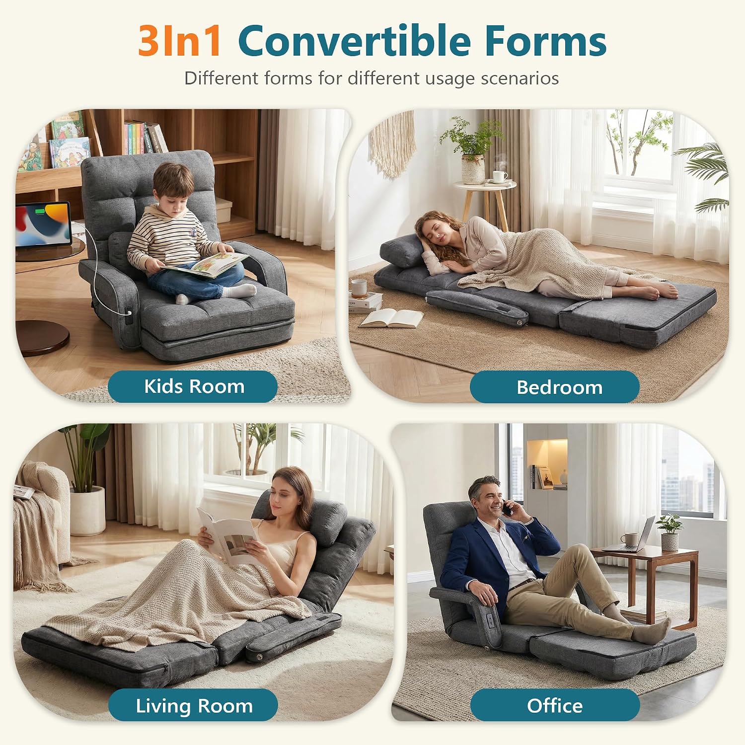 STHOUYN Comfy Floor Chair Bedroom 2 USB Charging Ports, 5-Position Couch Gaming Lounge Chairs Adults, Indoor Folding Lazy Sofa Meditation Arm Dorm Chair Living Room (Grey)