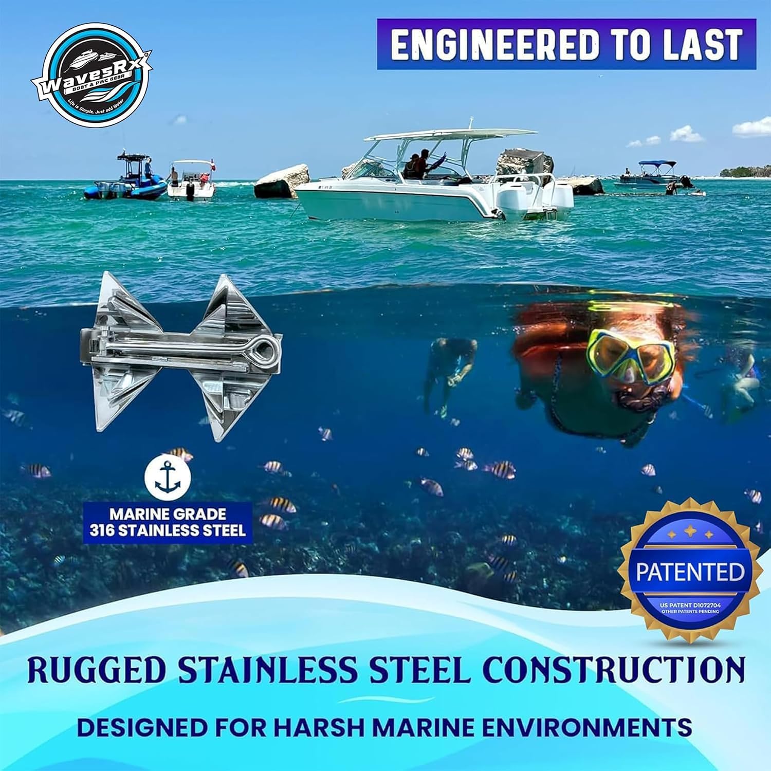 WAVESRX TriAnchor - Stainless Steel Folding PWC & Boat Anchor | Sets Instantly for Effortless Boat & Jet Ski Anchoring | Compact Patent-Pending Design Grips Better Than Plow, Fluke or Box Anchor