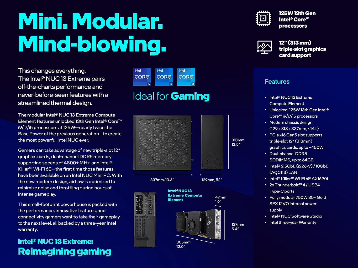 Intel NUC 13 Extreme Compute Kit NUC13RNGi5 Gaming Mini PC Gamer Computer Desktop, 13th Gen Core i5-13600K,up to 5.1 GHz,14 cores,20 Threads, WiFi 6e, Bluetooth 5.2, BROAG HDMI Cable(64GB RAM,1T SSD)