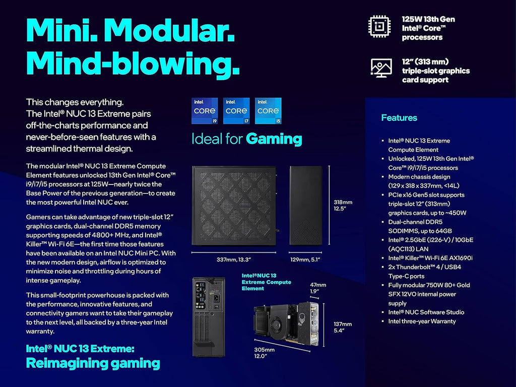 Intel NUC 13 Extreme Compute Kit NUC13RNGi5 Gaming Mini PC Gaming Desktop Computer, 13th Gen Core i5-13600K,up to 5.1 GHz,14 cores,20 Threads, WiFi 6e, Bluetooth 5.2(16GB RAM,1TB SSD)