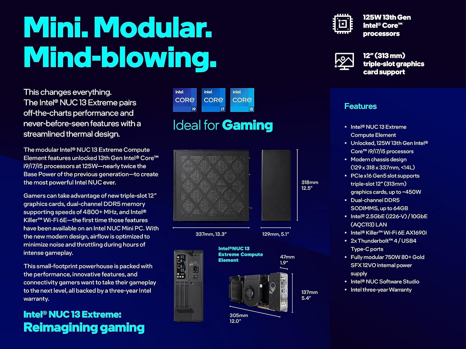 Intel NUC 13 Extreme Compute Kit NUC13RNGi5 Gaming Mini PC Gaming Desktop Computer, 13th Gen Core i5-13600K,up to 5.1 GHz,14 cores,20 Threads, WiFi 6e, Bluetooth 5.2(16GB RAM,1TB SSD)