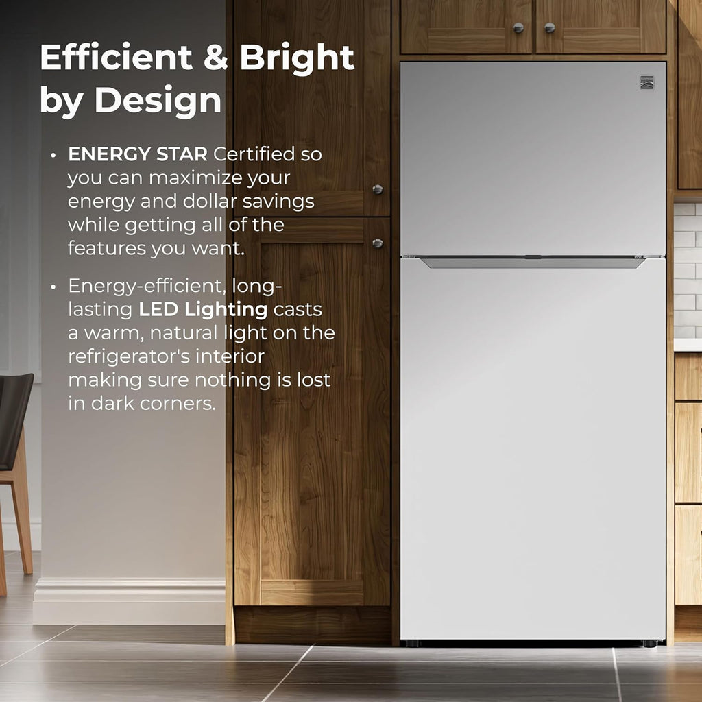 Kenmore 33' Top Mount Refrigerator with Freezer - Adjustable Shelving, Humidity-Controlled Crispers, Optional Ice Maker, LED Lighting, ENERGY STAR Certified, 25 cu. ft. Capacity - White