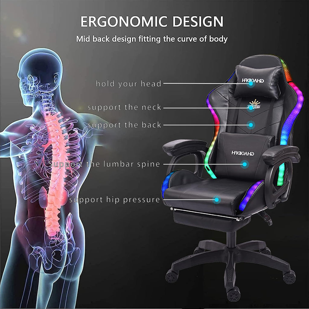 Gaming Chairs with Speakers and LED Light,Gaming Chair with Footrest and Massage Lumbar Support,Multi-Function, Gaming Chairs, Reclining Gaming Chairs, Racing Chair for Adults Teens Gamer.,Bl