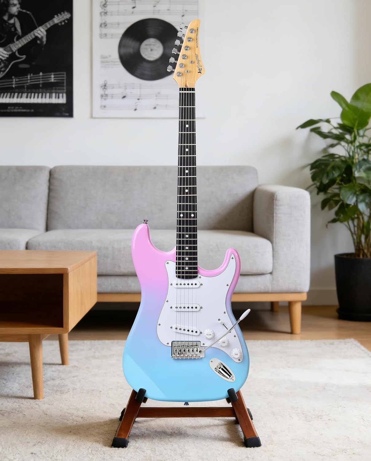 Leo Jaymz Beginner Electric Guitar Complete Kit with Portable Amp, Padded Gig Bag & Full Accessories, Maple Neck SSS Pickups(Pink-Blue Fade)