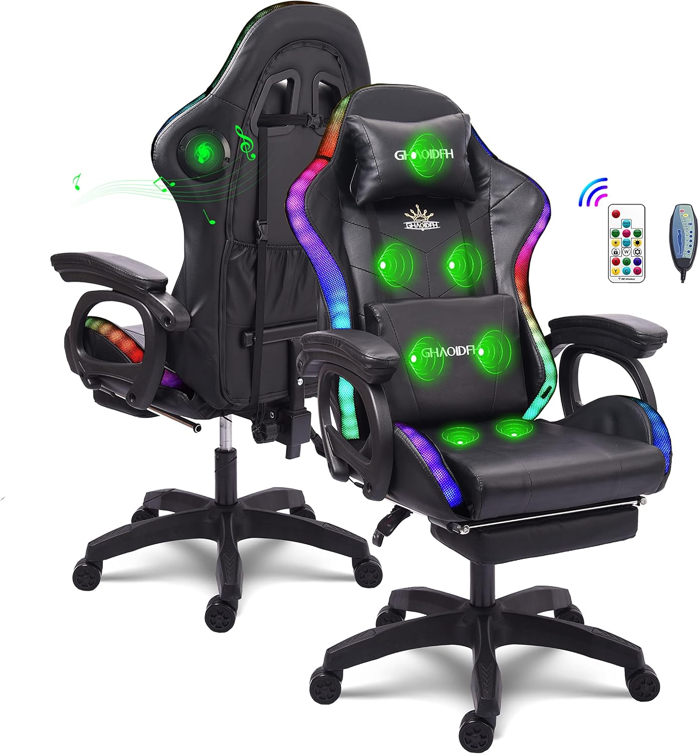 Gaming Chair with Massage and Speakers,Led RGB Lights and Footrest Gaming Chair,Ergonomic Computer Chair High Back Video Game Chair with Adjustable Lumbar Support Linkage Armrest.,Black,norma