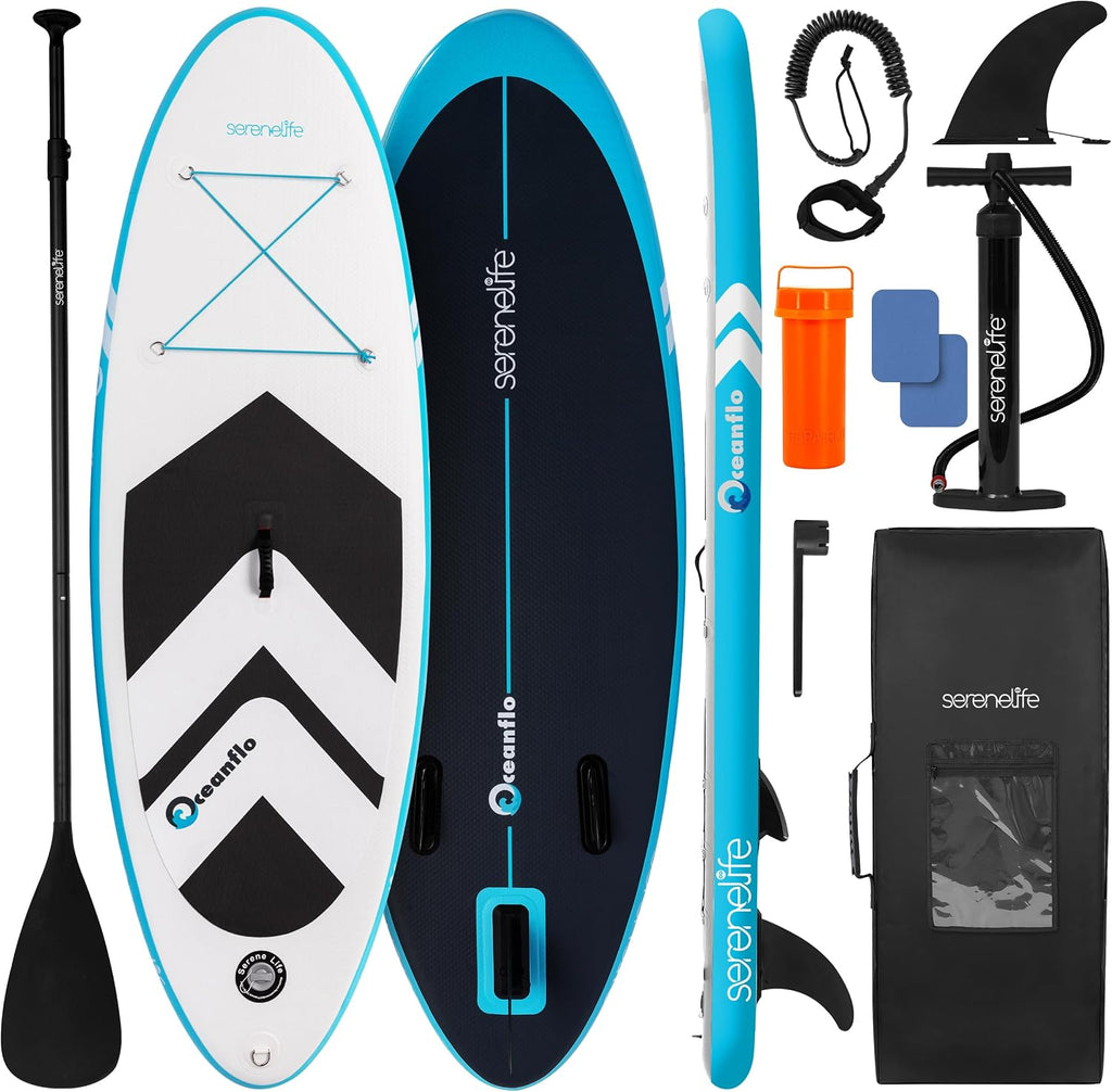 SereneLife 7'9' Kids Inflatable Stand Up Paddle Board - SUP for Youth with Single-Action Pump, Adjustable Paddle & Backpack - 30' Wide Stable Design with Non-Slip EVA Deck Pad, Ages 5+, 200lb Capacity