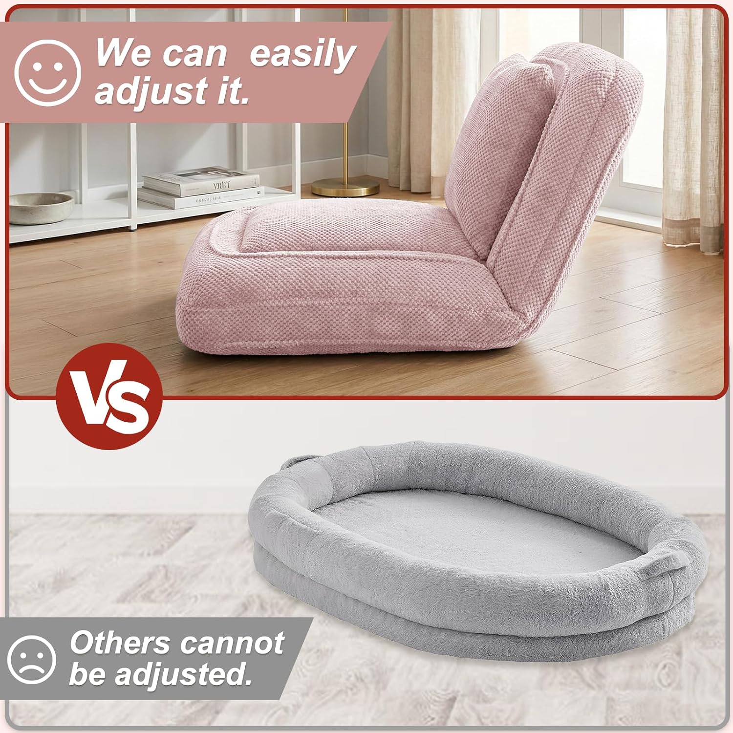 Human Dog Bed, Lazy Sofa Couch, Plush Floor Gaming Chair,5 Adjustable Position, sit, Sleep, fold, Suit to Put in Bedroom, Living Room,Space Saving Design (Pink)