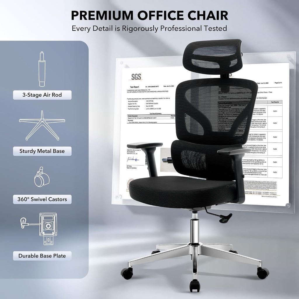 Office Chair Ergonomic Desk Chair - Home Mesh Office Desk Chair with Adjustable Lumbar Support, High-Back Computer Gaming Chair with Headrest 3D Armrests, Rolling Swivel Task Chairs for Home, Office