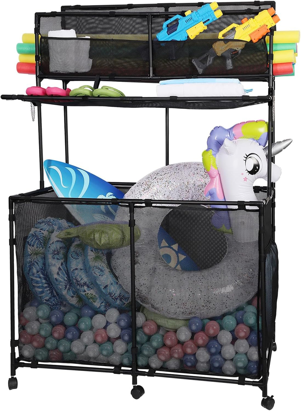 Pool Storage bin,Poolside Storage Organizer,Double Deck,Holder for Outdoor, Pool, Patio, Garden,Organizer for Toys, Floats, and Swimming Equipments,2-Size (Medium)