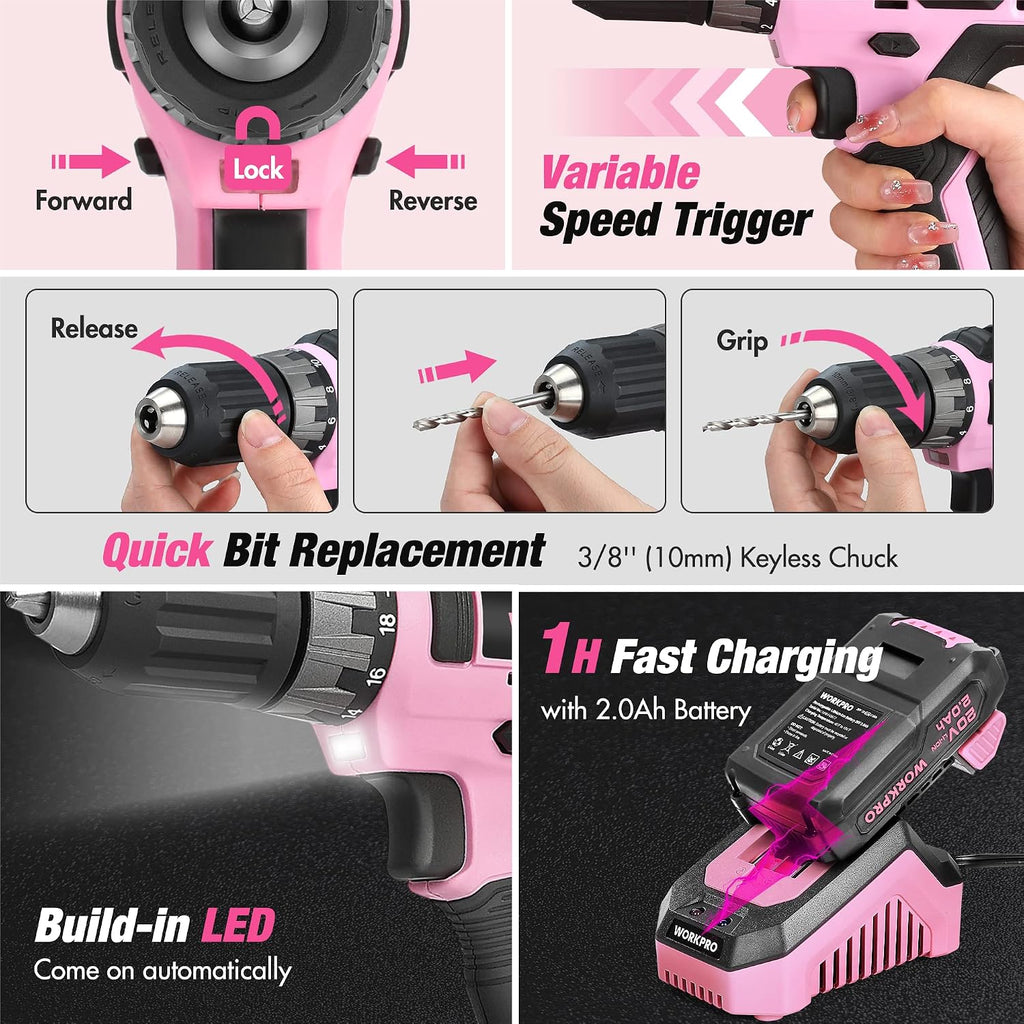 WORKPRO Pink Tool Kit with Drill, Tool Set with 20V Cordless Lithium-ion Drill Driver, Pink Drill Set for Women, 157PCS Home Tool Kit, Lady's Repairing Kit with 14-Inch Storage Bag - Pink Ribbon