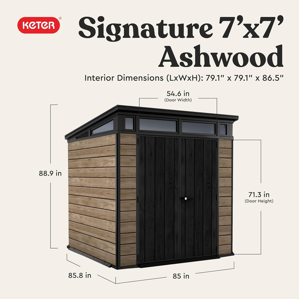 Keter Signature Collection 7x7 Ft All-Weather Storage Shed with Skylight, Window, Built-in Ventilation, & Lockable Double Doors, Ashwood