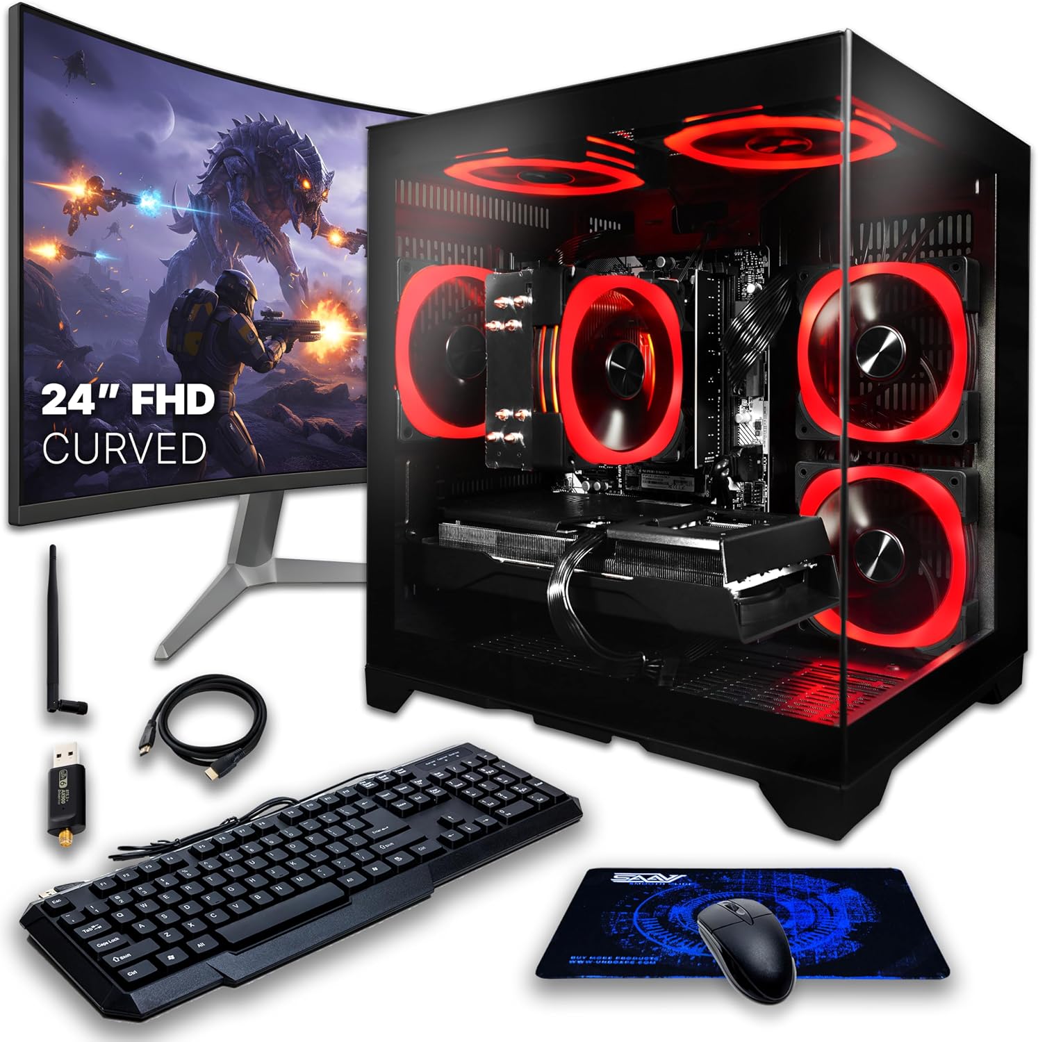 SAAV Drex Prebuilt Gaming PC Bundle Desktop Tower Intel Core i5-12400F GeForce RTX 3050 6GB GDDR6 Curved 24in Monitor 16GB DDR4 512GB NVMe SSD WiFi 6 Windows 11 Black RGB Computer PC Gaming