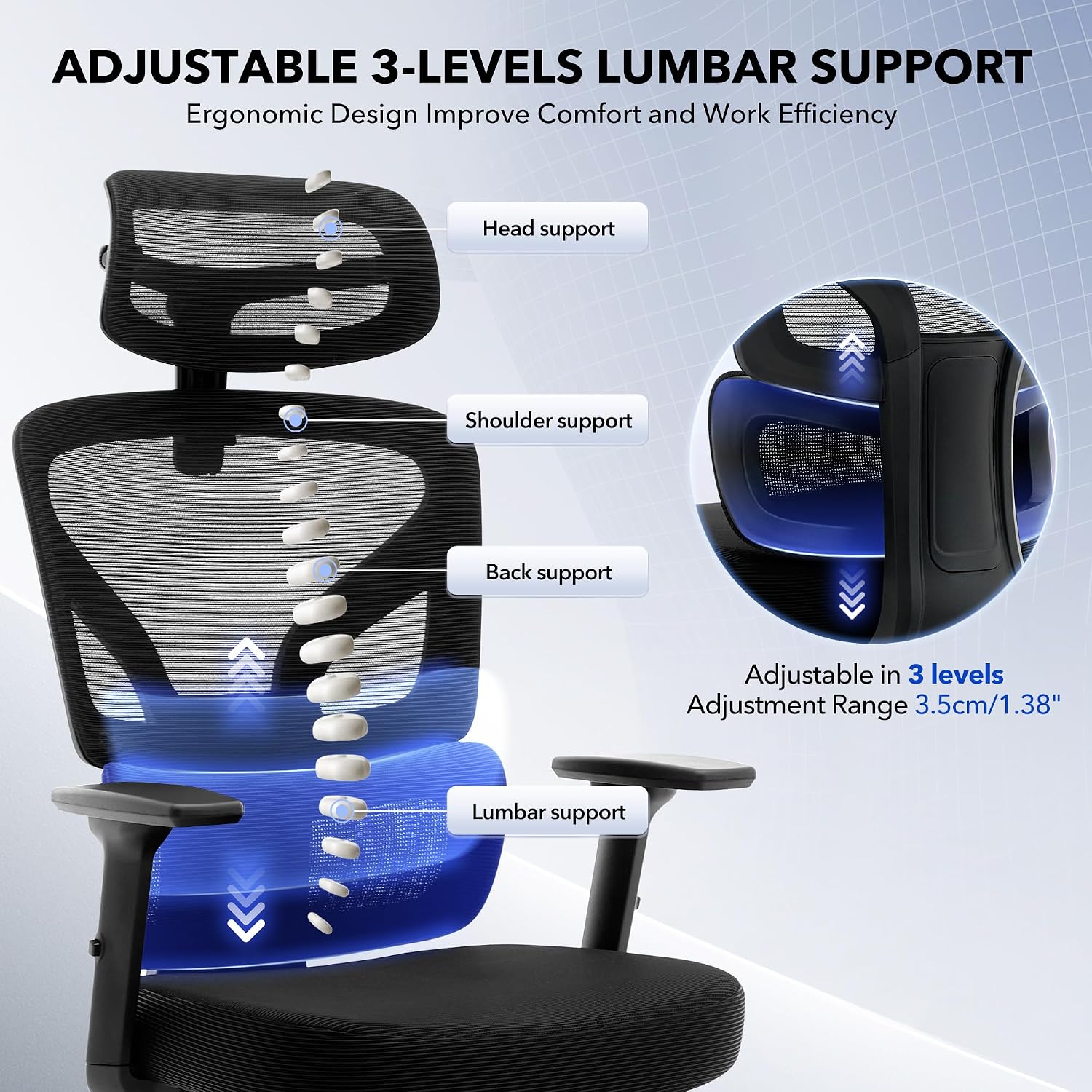 Office Chair Ergonomic Desk Chair - Home Mesh Chair with Adjustable Footrest Lumbar Support, High-Back Computer Gaming Chair with Headrest 3D Armrests, Rolling Swivel Task Chairs for Home, Office