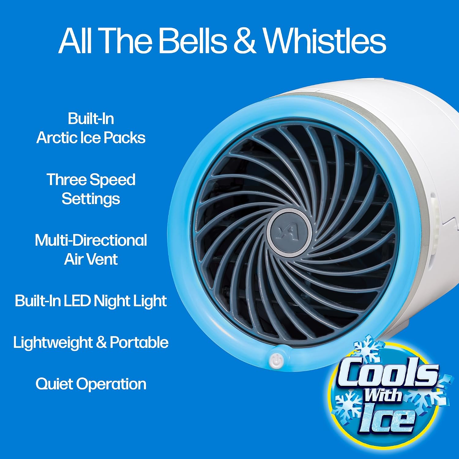 Arctic Air Ice Jet Personal Air Cooler, 3-Speed Room Cooler with Reusable Ice Packs, Portable Cooler with Multi-Directional Vent & 7 LED Lights, Whisper-Quiet Air Cooler for Room (Pack of 4)
