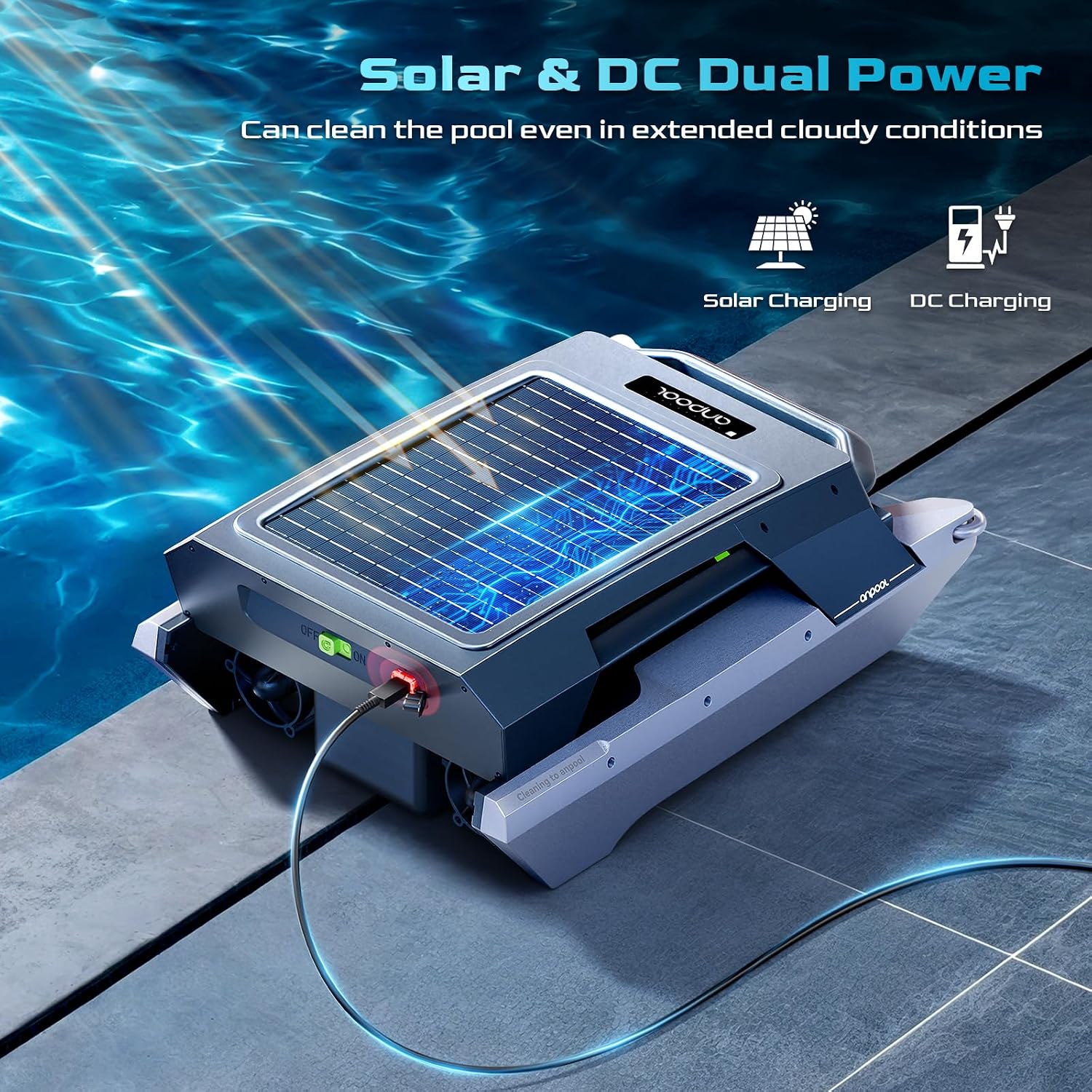 Robotic Solar Pool Skimmer – Automatic One-Button Start, Solar & DC Charging, 72H Runtime (+40% Longer), Smart Anti-Stuck, Triple Motors, 6.5L Basket, UV-Resistant