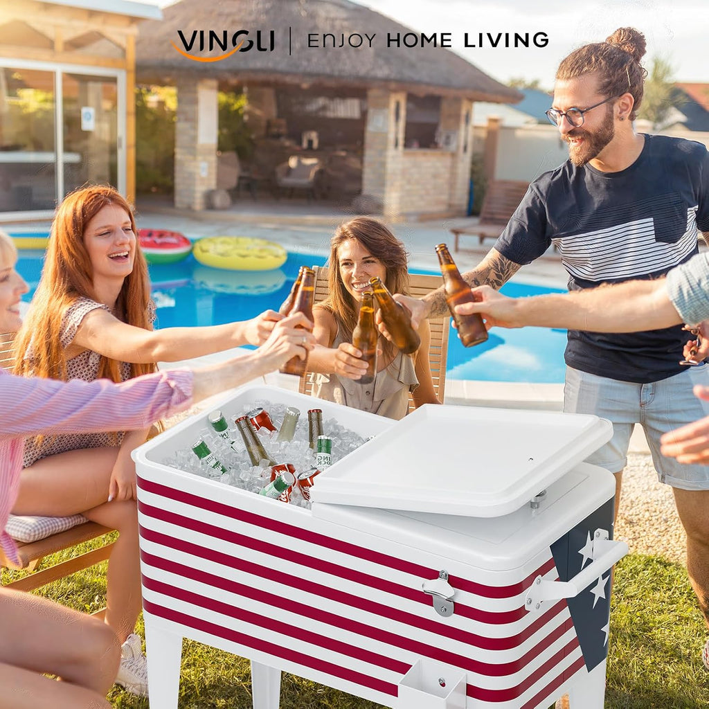VINGLI Rolling Ice Chest, Portable Patio Party Bar Drink Cooler Cart, with Shelf, Beverage Pool with Bottle Opener